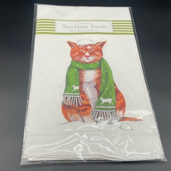 Mary Lake‑Thompson Flour Sack Guest Towels Set Cat with Green Scarf Holiday NIP - Picture 1 of 5
